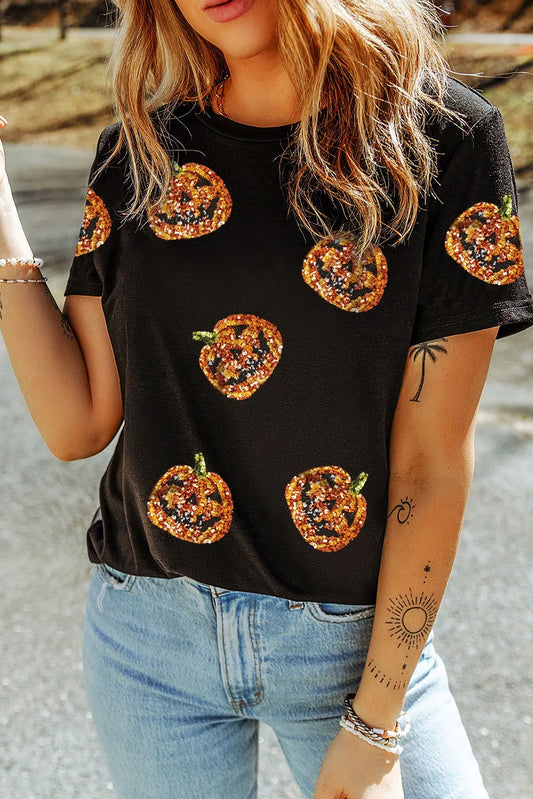 Preorder Sequin Pumpkin Round Neck Short Sleeve T-Shirt