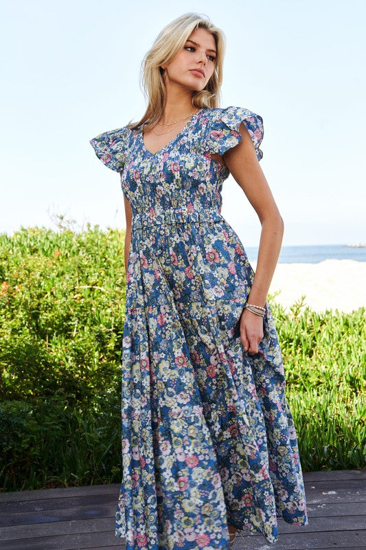 Vintage Garden Floral Flutter Smocking Midi Dress