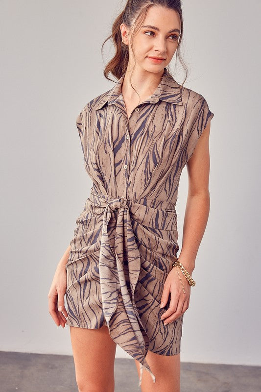 TIGER PRINT FRONT TIE DRESS