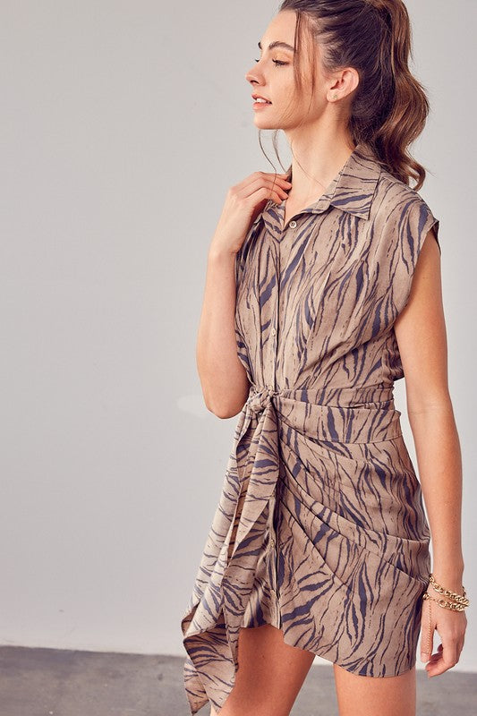 TIGER PRINT FRONT TIE DRESS