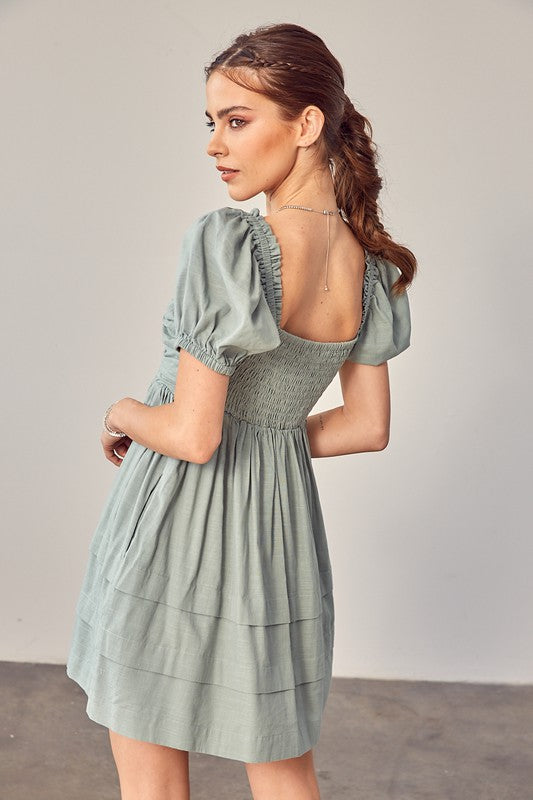 SAGE DETAIL PUFF SLEEVE DRESS