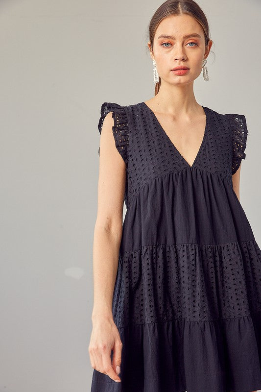 CROCHET MAGIC V-NECK EYELET DRESS