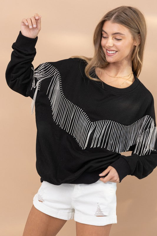 Nashville Rhinestone Fringe Pullover Top