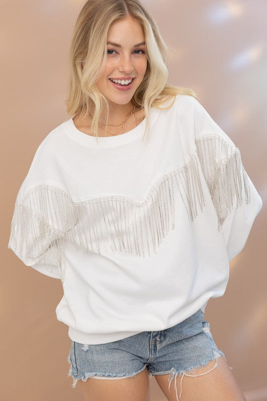 Nashville Rhinestone Fringe Pullover Top