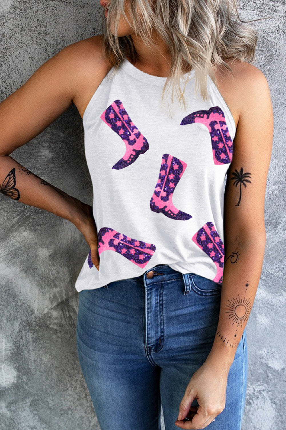 Preorder Sequin Boots Print Round Neck Tank