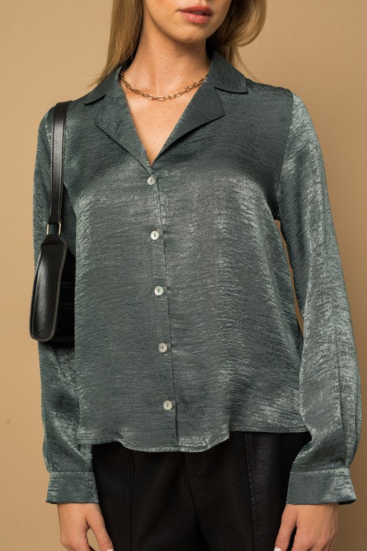 L/S Button Down Satin Blouse Top