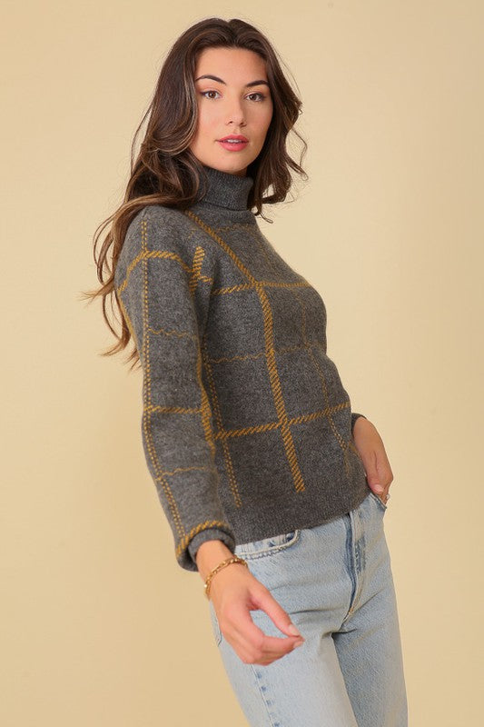 Keep it Cozy Plaid Turtle Neck Sweater