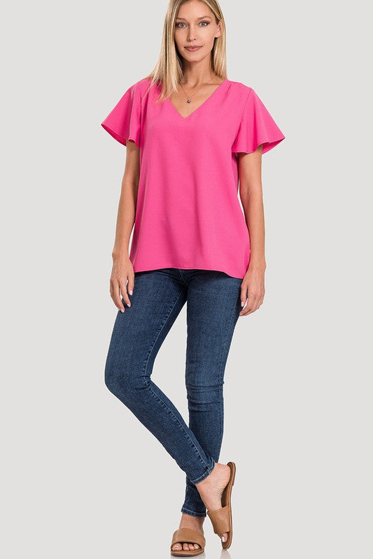 CATHERINE FLUTTER SLEEVE V-NECK TOP