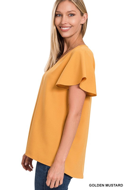 CATHERINE FLUTTER SLEEVE V-NECK TOP