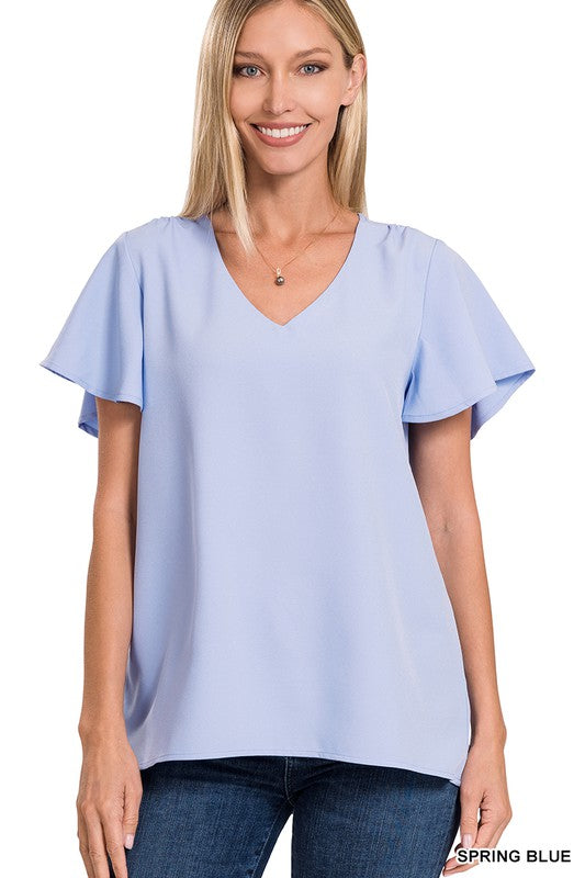 CATHERINE FLUTTER SLEEVE V-NECK TOP