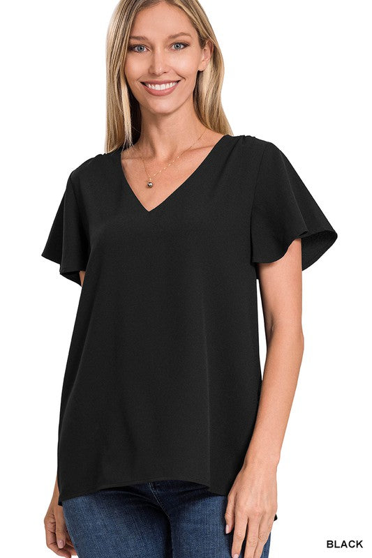 CATHERINE FLUTTER SLEEVE V-NECK TOP