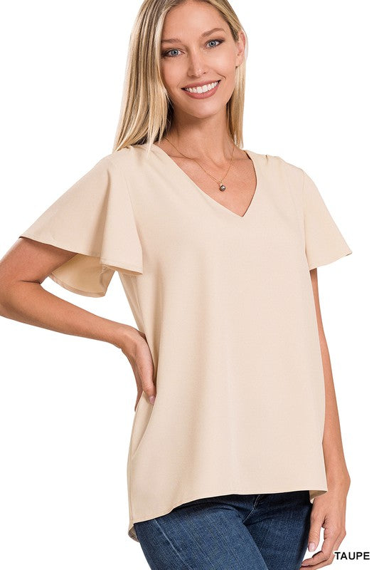 CATHERINE FLUTTER SLEEVE V-NECK TOP