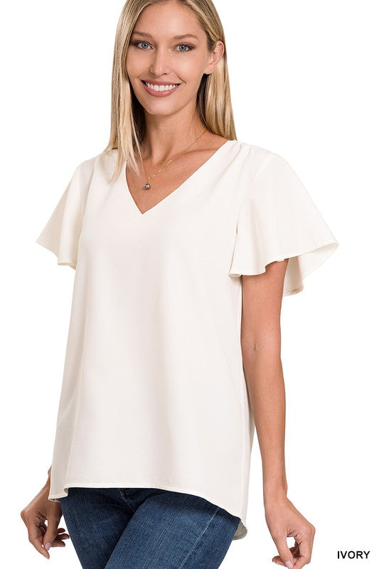 CATHERINE FLUTTER SLEEVE V-NECK TOP