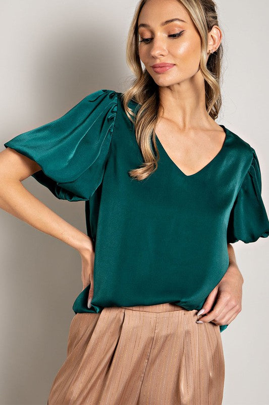 V-Neck Puff Sleeve Blouse Top