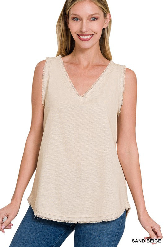 LINEN PRE-WASHED FRAYED EDGE V-NECK SLEEVELESS TOP