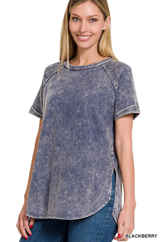 Good Vibes Terry Acid Wash Short Cuff Sleeve Pullover