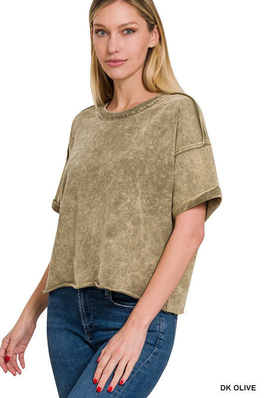 French Terry Acid Wash Raw Edge Crop Top