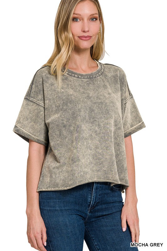 French Terry Acid Wash Raw Edge Crop Top