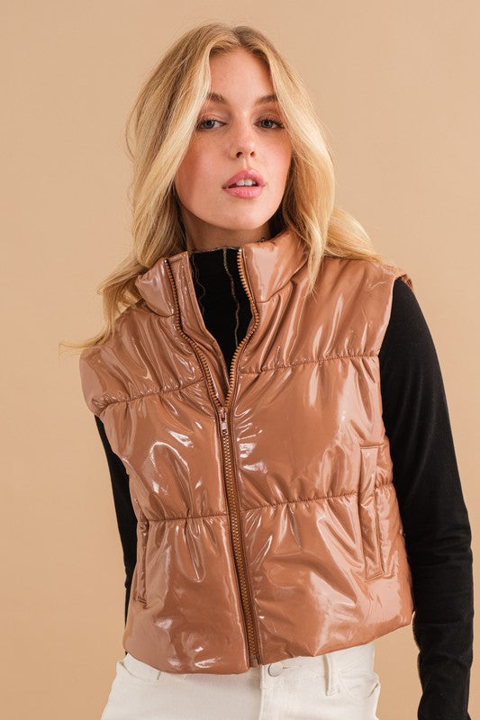 Gloss Shiny Quilted Puffer Zip Up Crop Vest