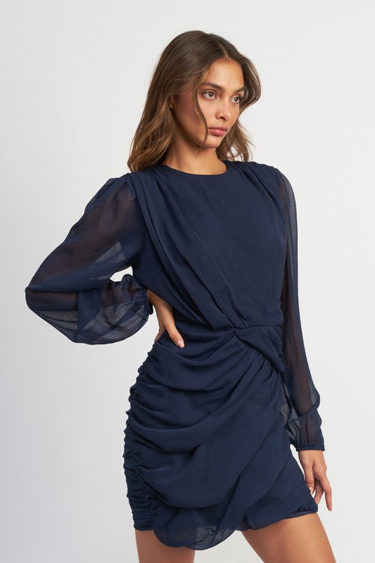 LONG SLEEVE RUCHED MINI DRESS