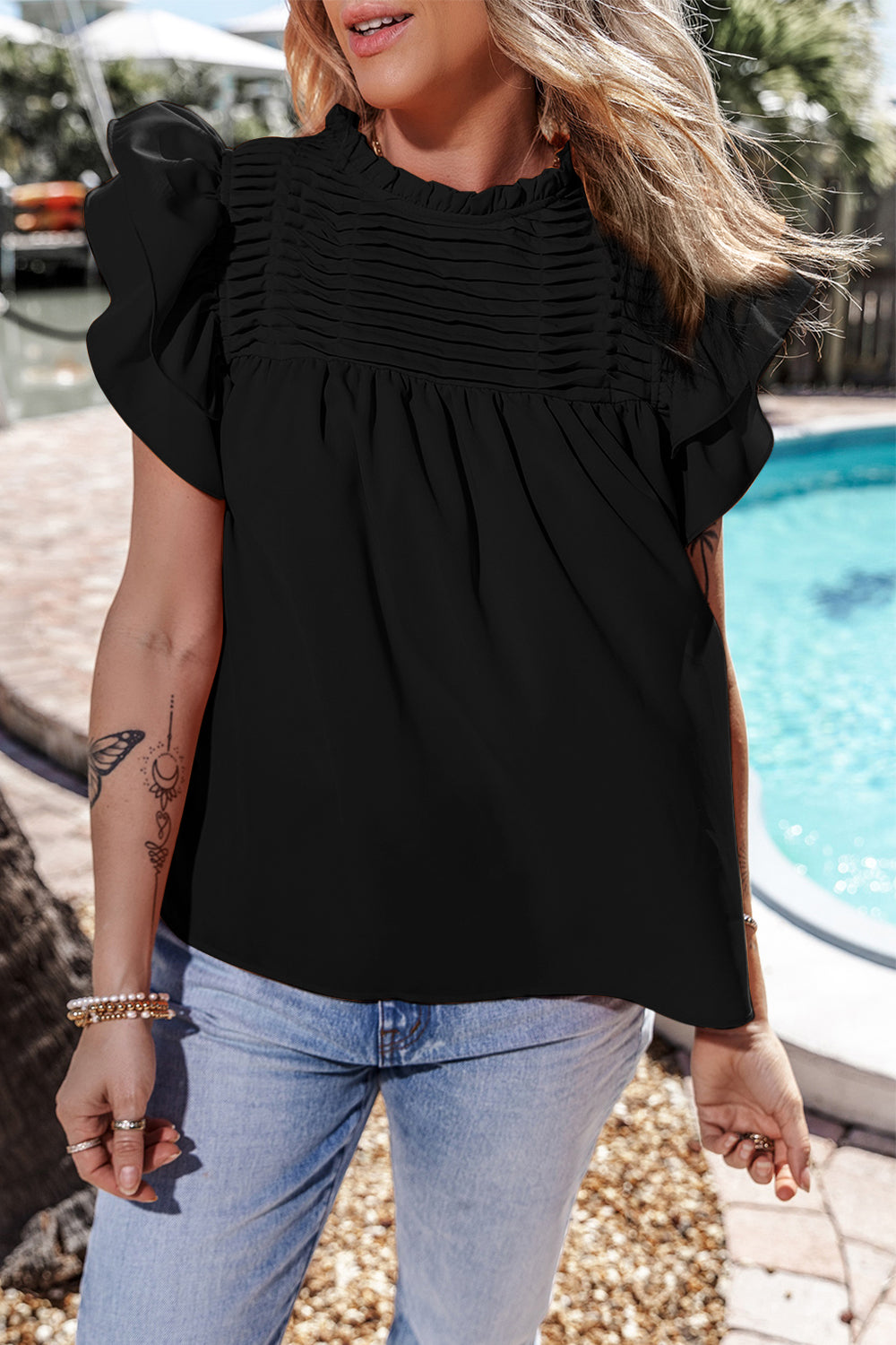 Preorder Ruffled Ruched Cap Sleeve Blouse