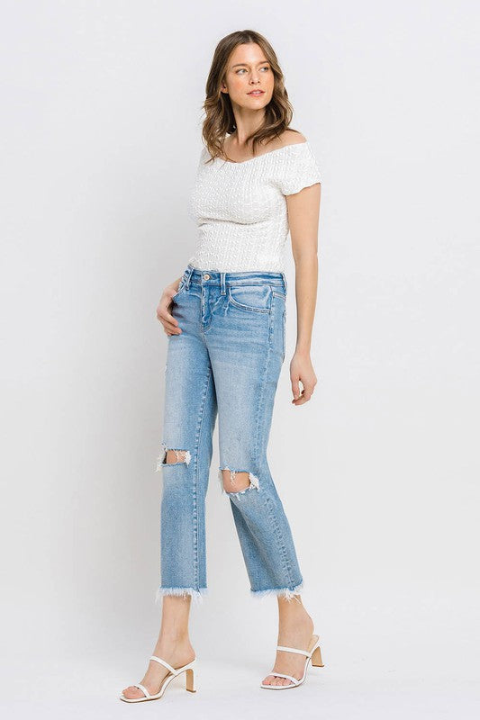 High Rise Frayed Hem Crop Straight Jeans