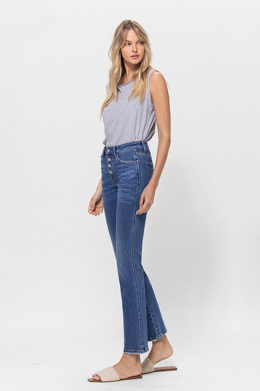 Stretch Mid-Rise Straight Leg w/ Button Up