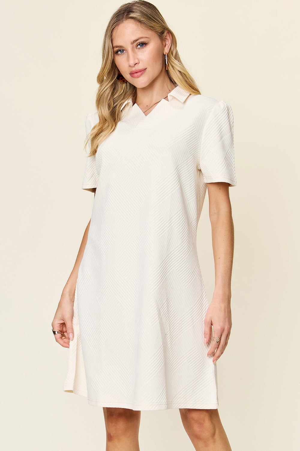 Preorder Full Size Texture Collared Neck Short Sleeve Dress