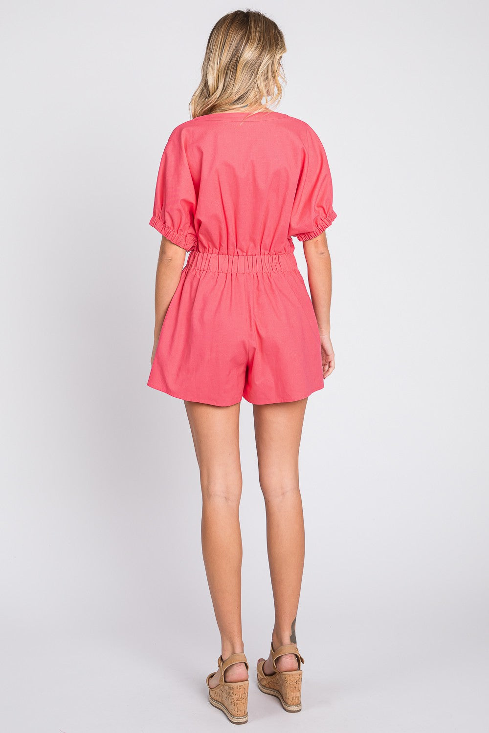 Half Button V-Neck Linen Romper