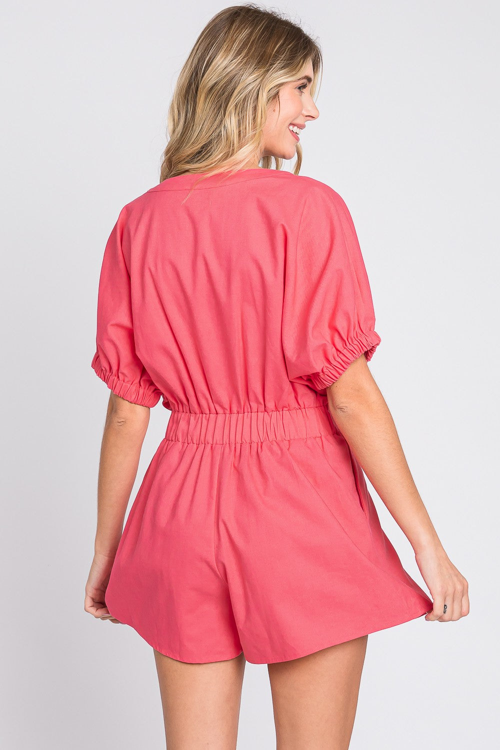 Half Button V-Neck Linen Romper