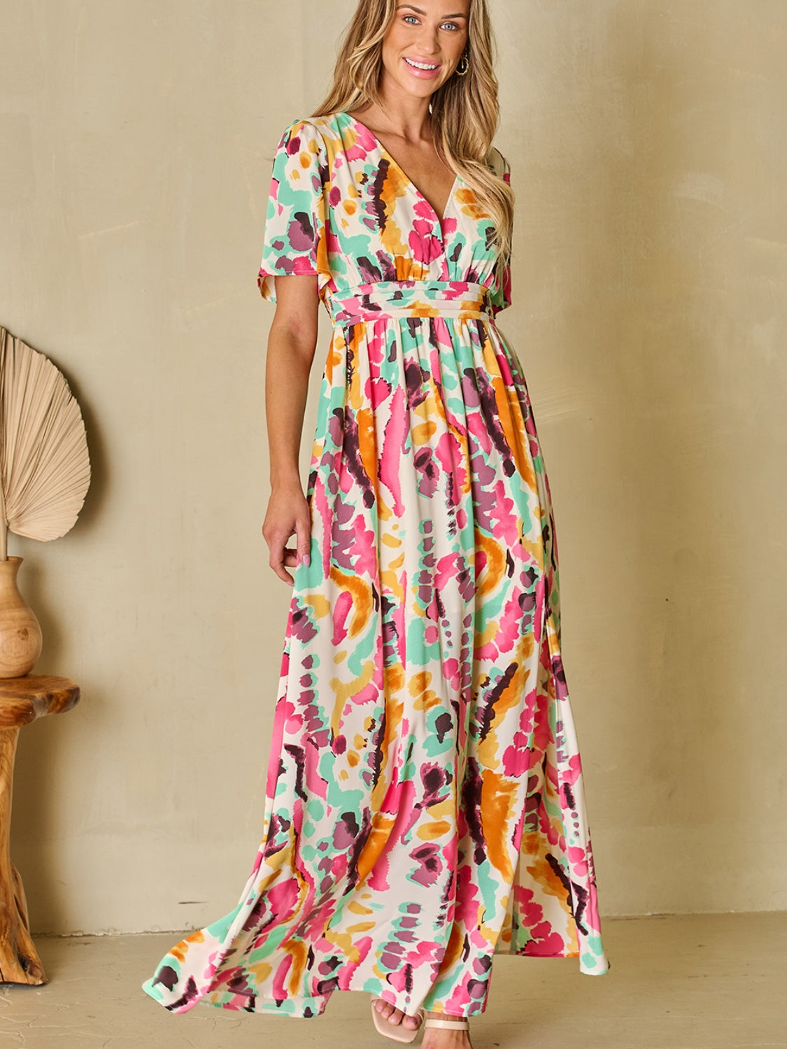 Preorder Slit Printed Surplice Short Sleeve Maxi Dress