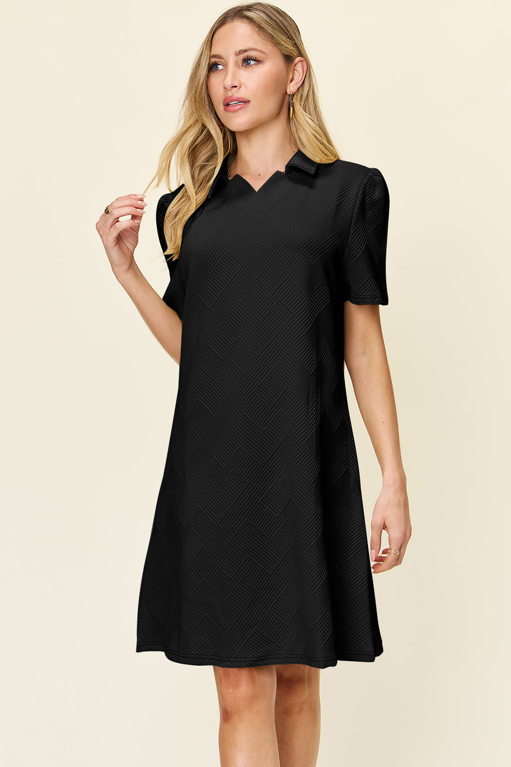 Preorder Full Size Texture Collared Neck Short Sleeve Dress