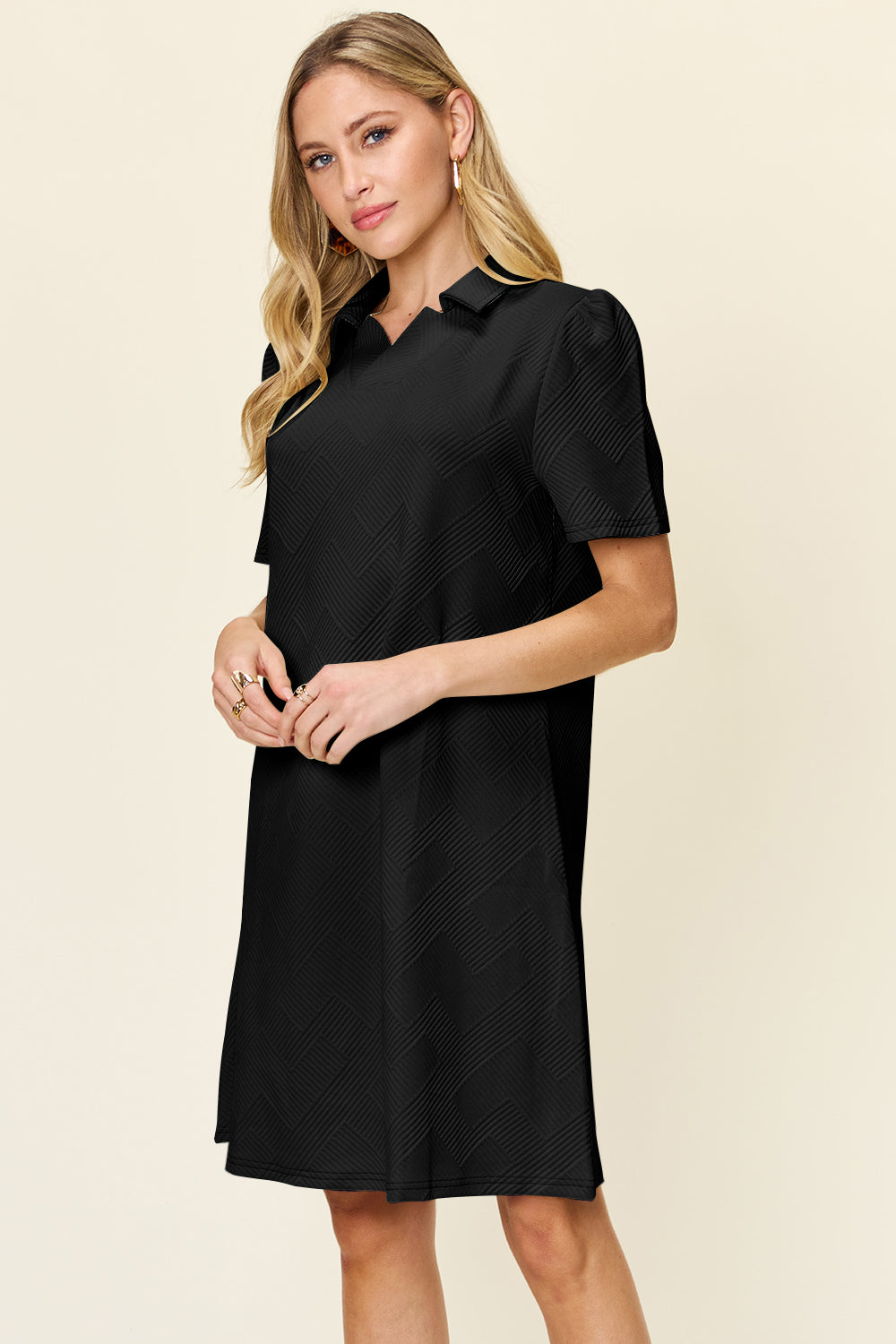 Preorder Full Size Texture Collared Neck Short Sleeve Dress