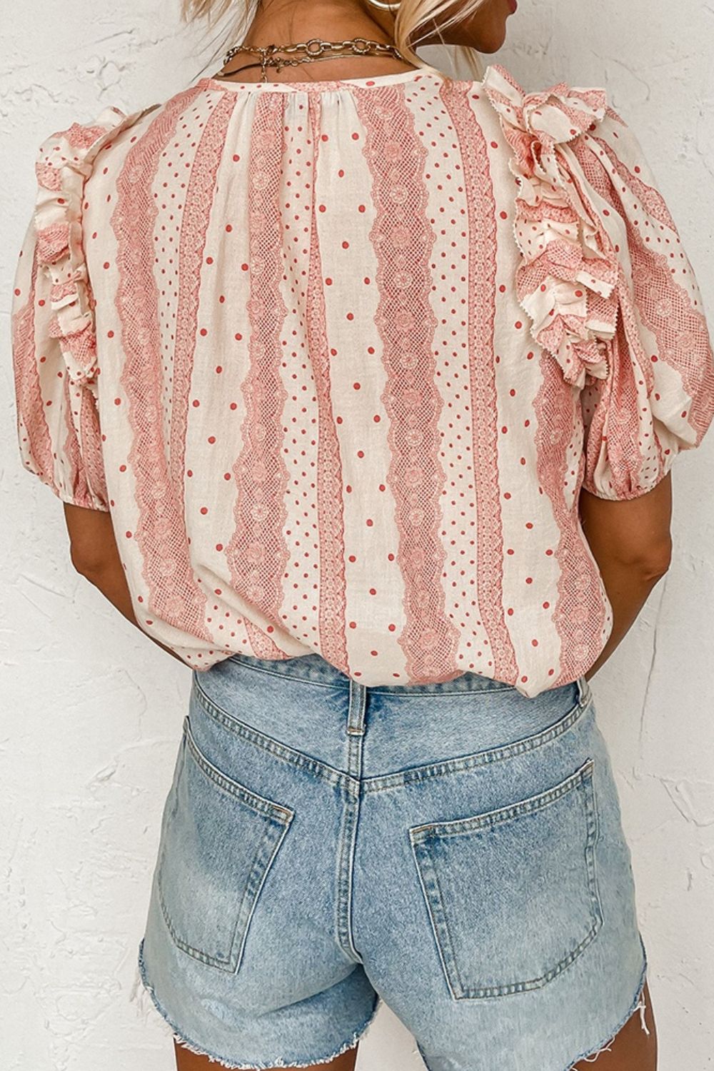 Preorder Ruffled Printed Tie Neck Short Sleeve Blouse