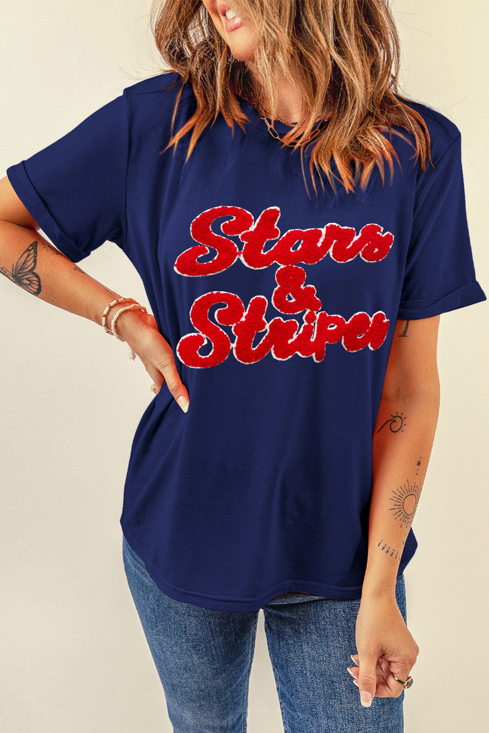 Preorder Stars and Stripes Letter Round Neck Short Sleeve T-Shirt