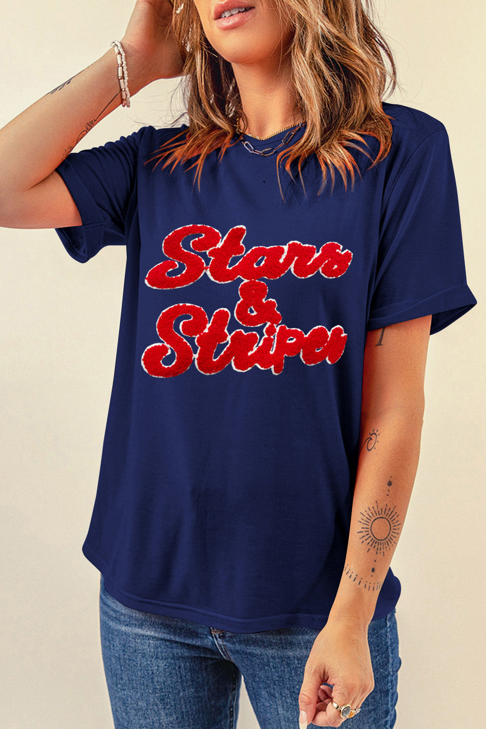 Preorder Stars and Stripes Letter Round Neck Short Sleeve T-Shirt