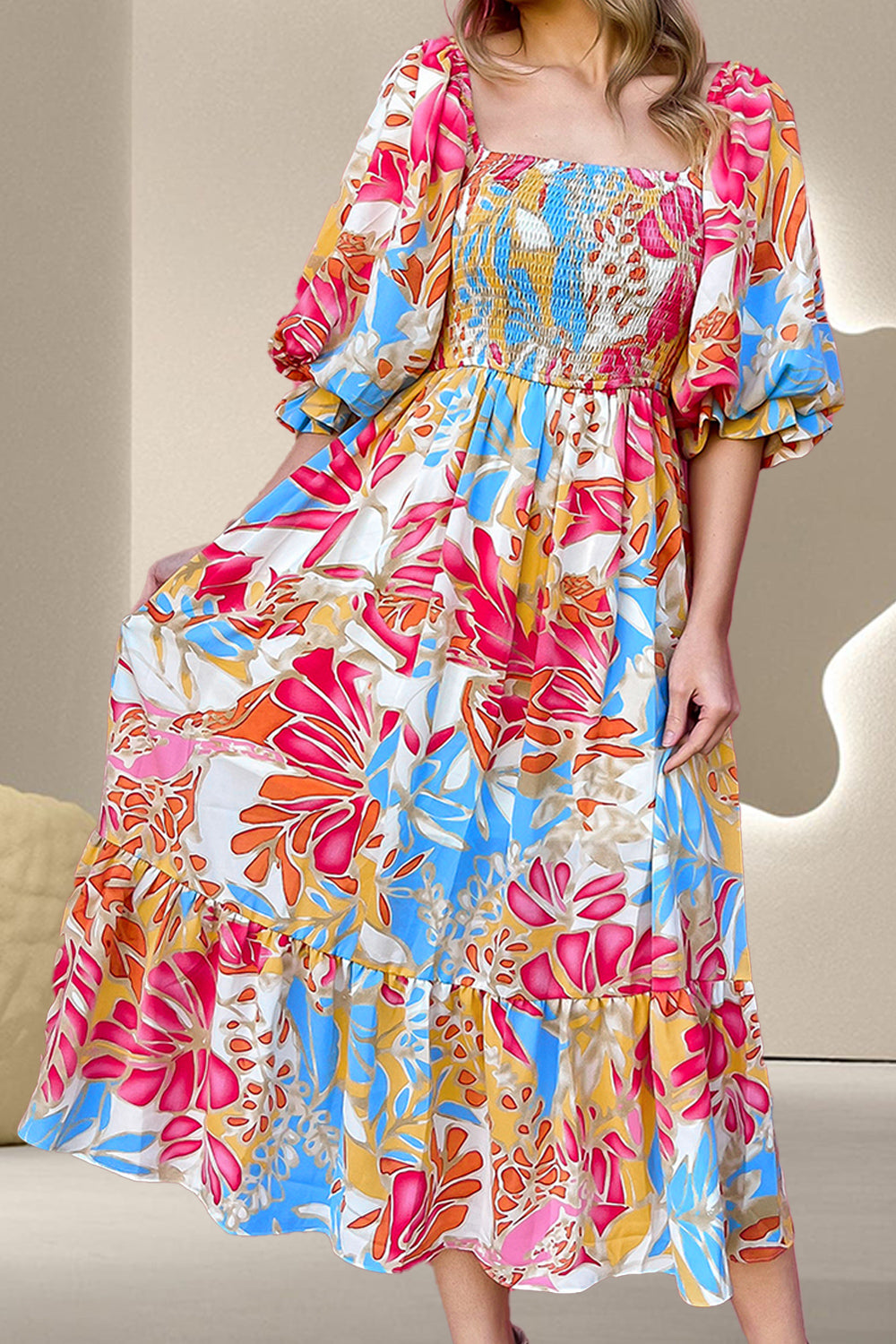 Preorder Smocked Printed Half Sleeve Midi Dress