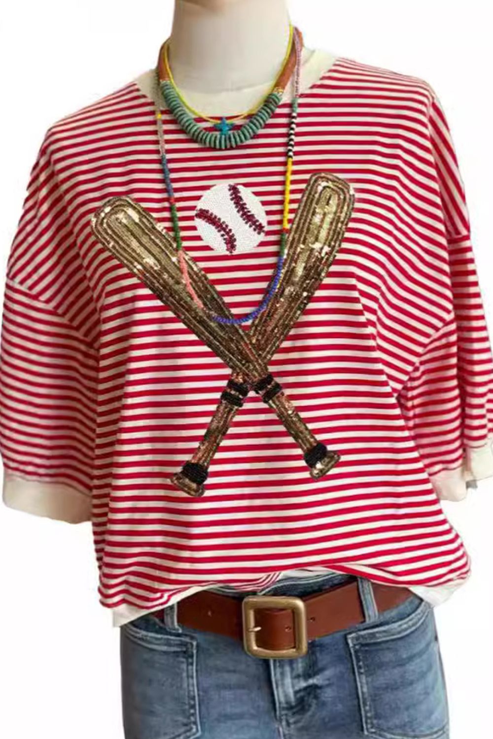 Preorder Full Size Baseball & Stripes Round Neck Half Sleeve T-Shirt