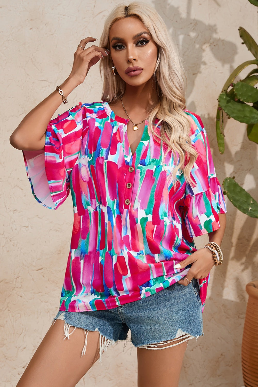 Preorder Printed Notched Half Sleeve Blouse