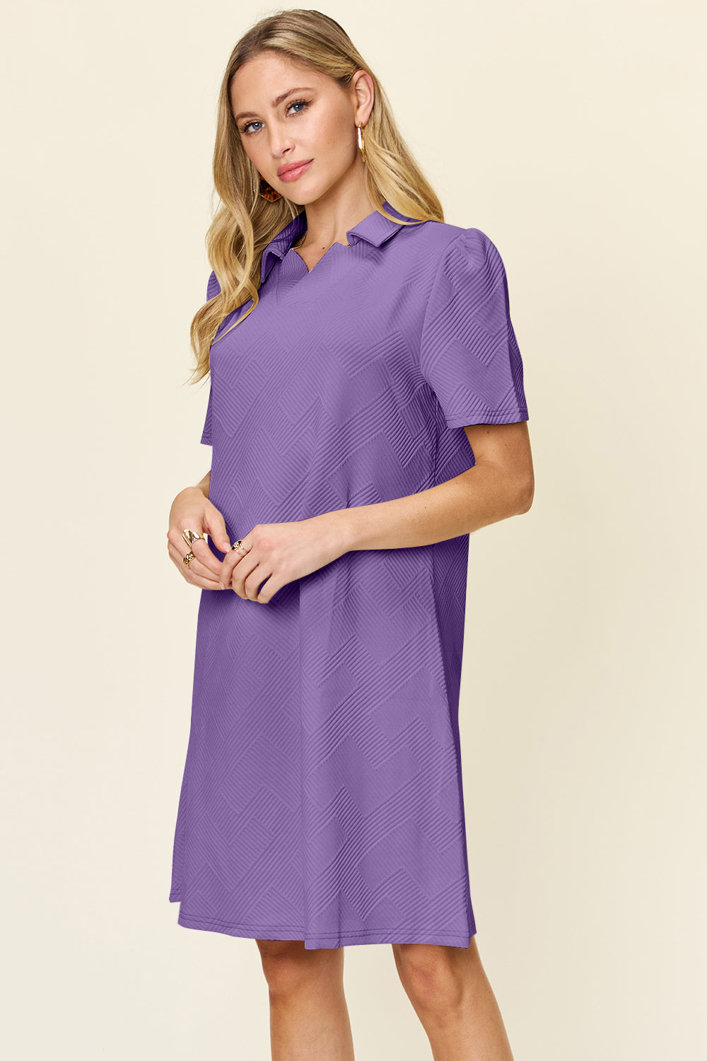 Preorder Full Size Texture Collared Neck Short Sleeve Dress