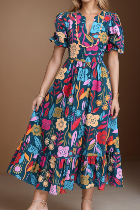 Preorder Printed Notched Puff Sleeve Midi Dress