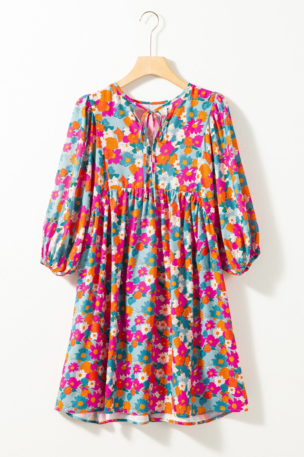 Preorder Floral Tie Neck Puff Sleeve Mini Dress