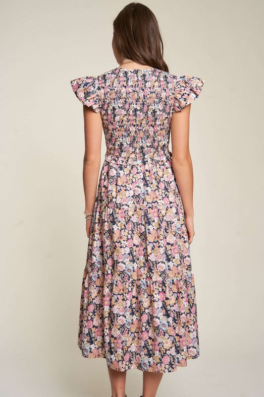 Vintage Garden Floral Flutter Smocking Midi Dress