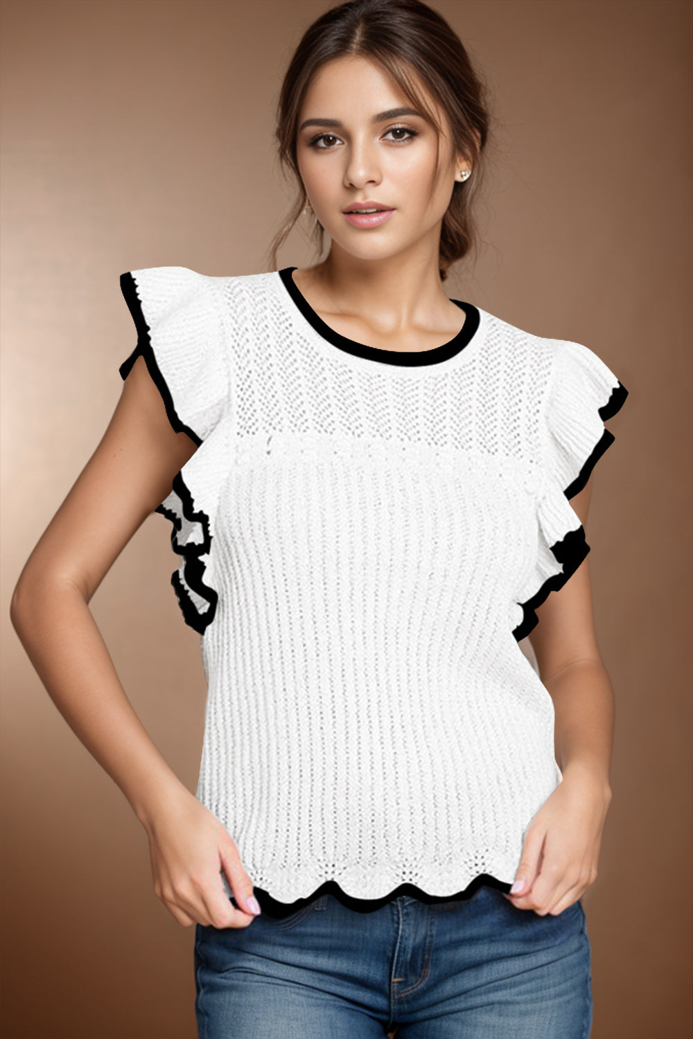 Preorder Ruffled Round Neck Cap Sleeve Knit Top