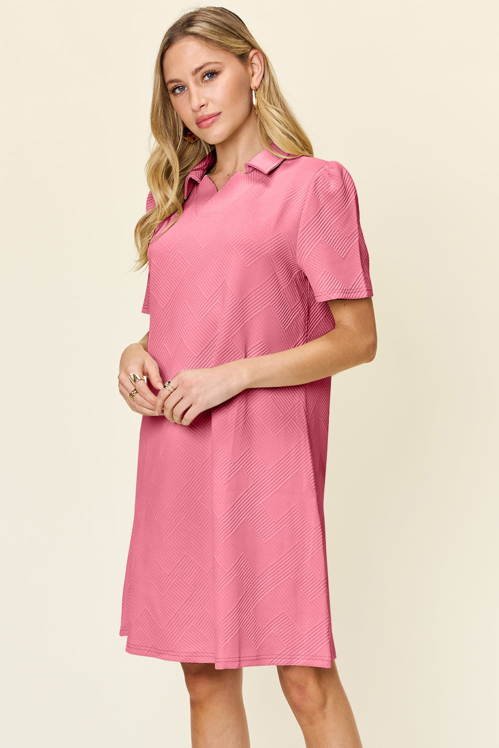 Preorder Full Size Texture Collared Neck Short Sleeve Dress