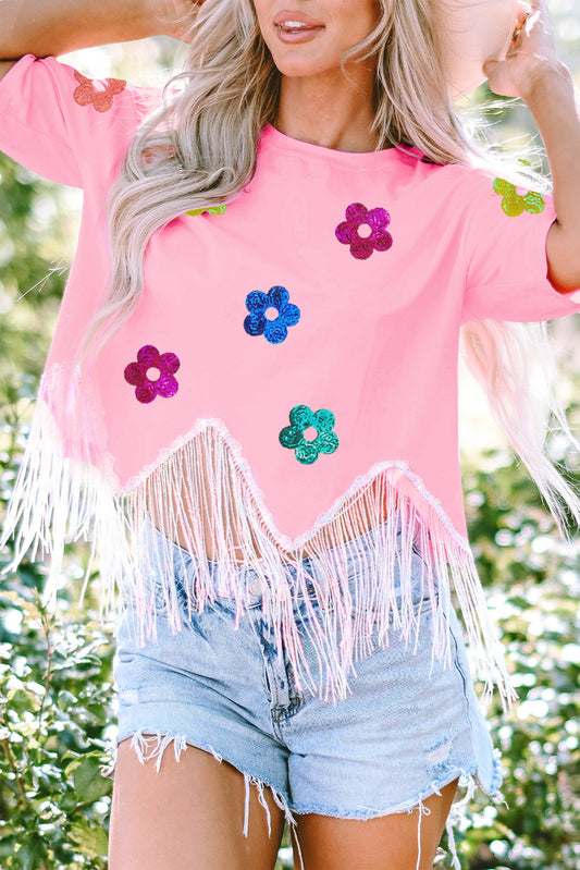 Preorder Sequin Flower Round Neck Half Sleeve T-Shirt