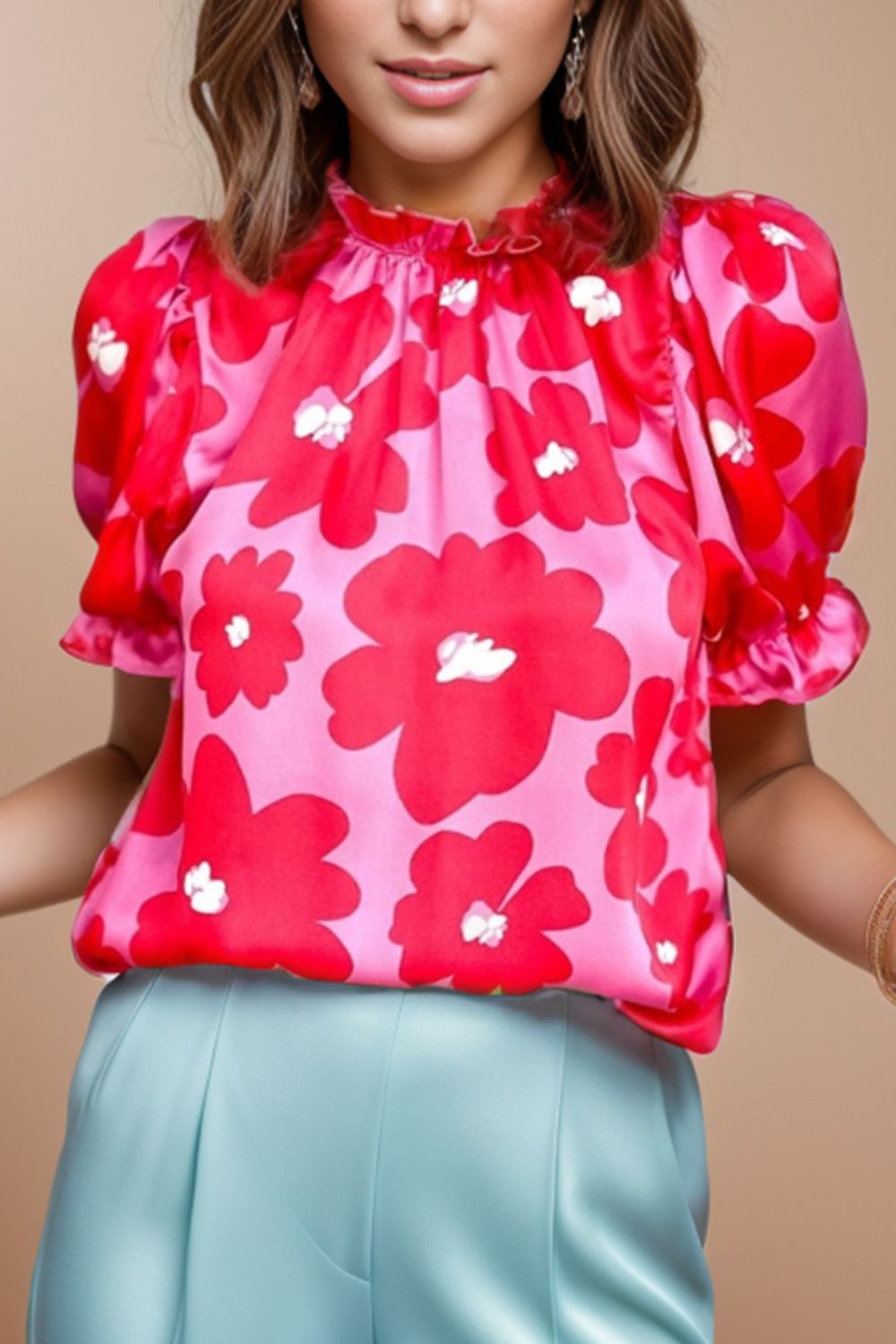 Preorder Ruffled Printed Mock Neck Short Sleeve Blouse