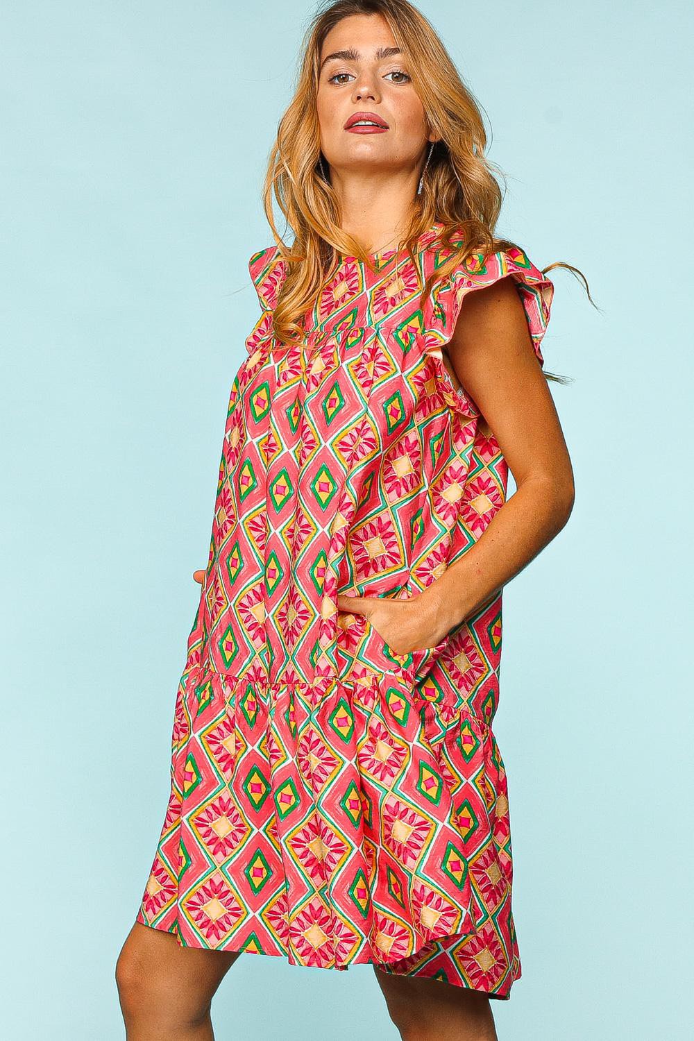 Ruffled Printed Dress with Side Pockets