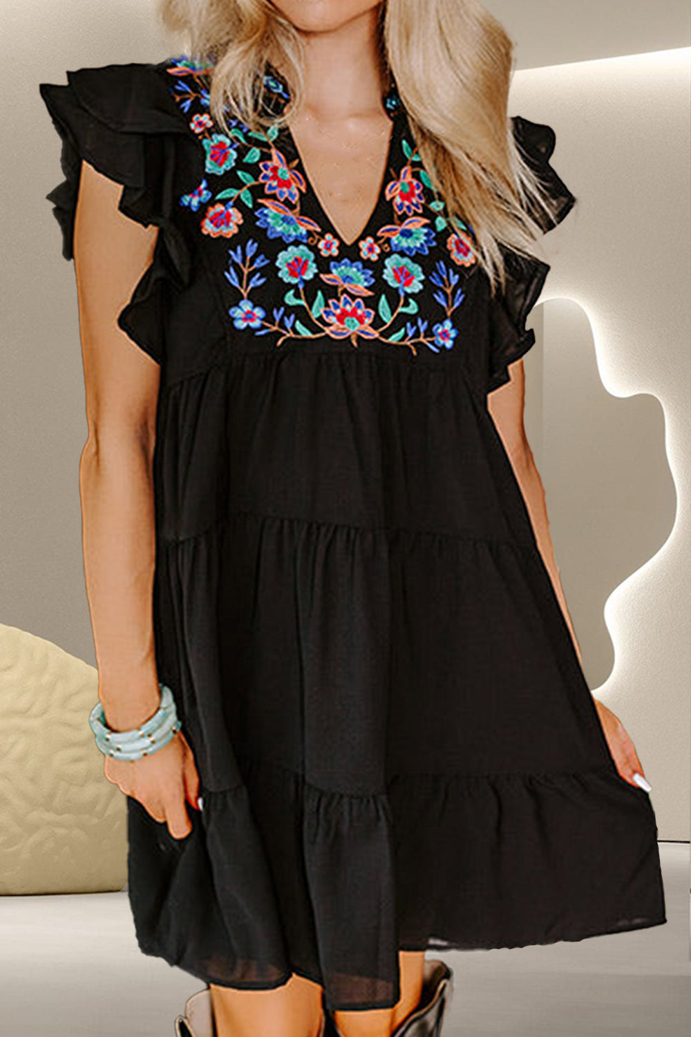 Preorder Embroidered Ruffled Cap Sleeve Mini Dress