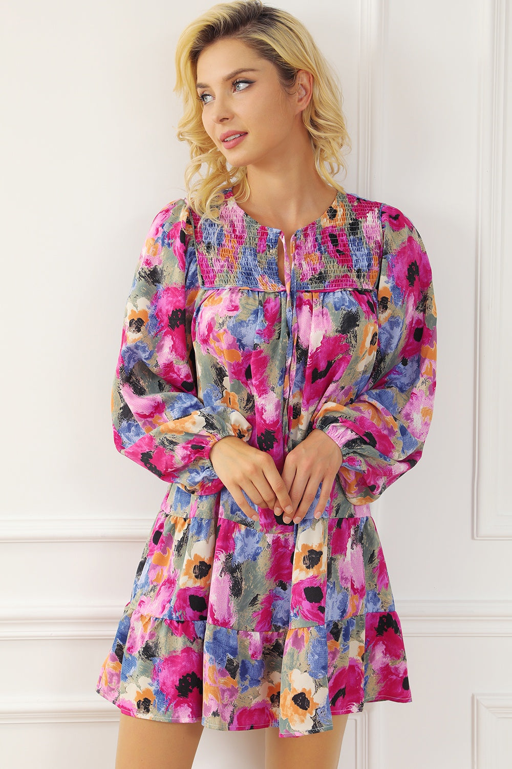 Preorder Printed Tie Neck Long Sleeve Mini Dress